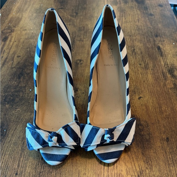 9.5 Nautical Stripes JCrew Peep-toe Pumps - Picture 1 of 6